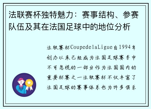 法联赛杯独特魅力：赛事结构、参赛队伍及其在法国足球中的地位分析