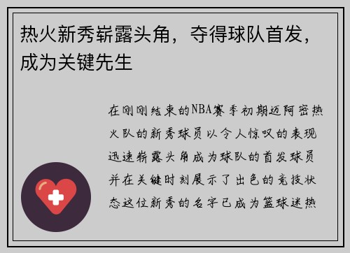 热火新秀崭露头角，夺得球队首发，成为关键先生